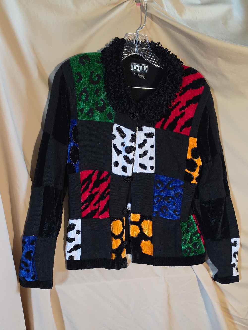 Vintage Berek Black Multi Patchwork Animal-Print Teddy Collar Sweater Jacket